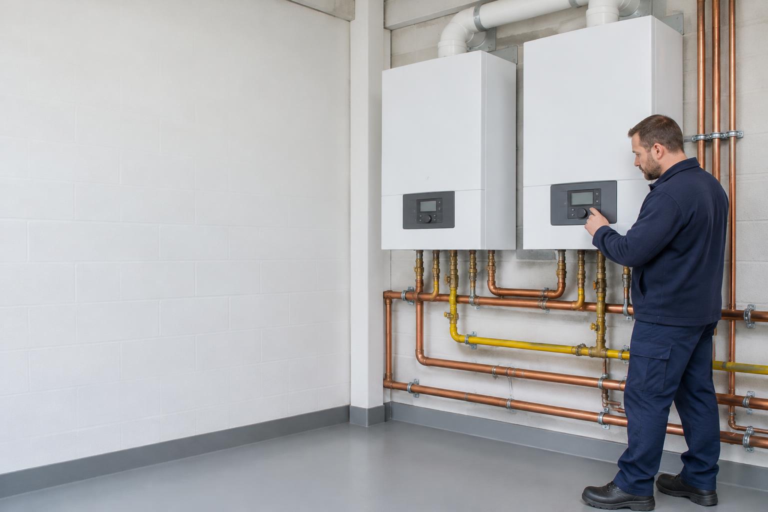 Illustrative commercial gas engineer checking boiler controls